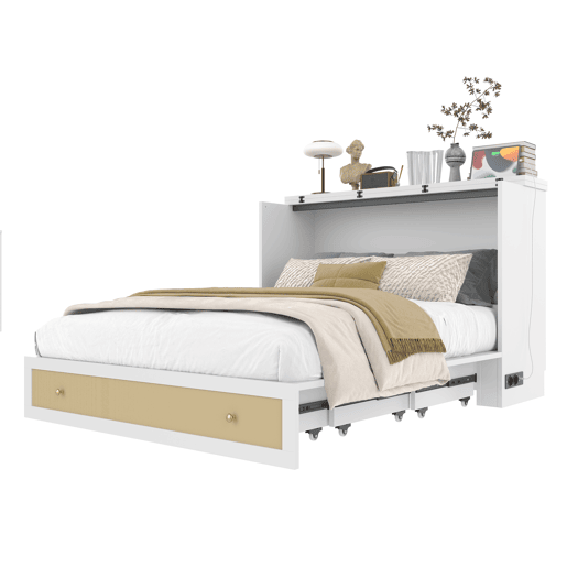 Cama rebatível 140x200 cm - móvel, gavetas na base, prateleira na cabeceira, USB e tomada, cama plataforma convertível, sem colchão - branco