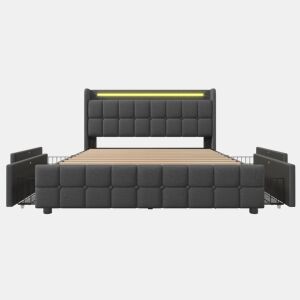 Cama estofada 160x200 cm - com função de carregamento USB, cabeceira, iluminação LED e 4 gavetas - Cinza