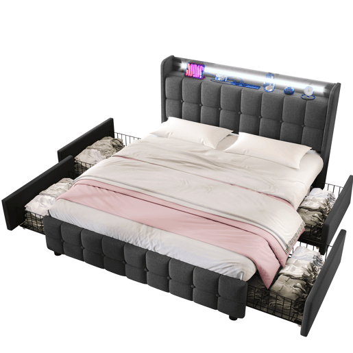 Cama estofada 160x200 cm - com função de carregamento USB, cabeceira, iluminação LED e 4 gavetas - Cinza