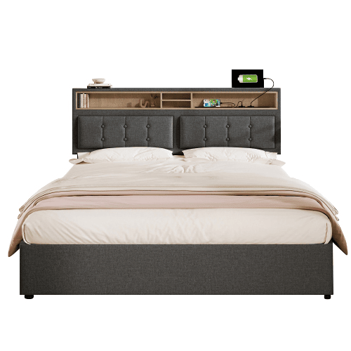 Cama estofada 140x200 cm - com 4 gavetas, USB C, cabeceira ajustável, estrado de madeira - Cinza