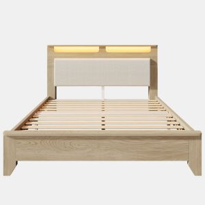 Cama de casal 140x200 cm - Cabeceira com arrumação, iluminação LED e encosto em veludo bege - Carvalho claro
