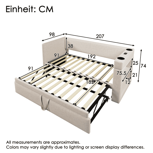 Daybett 90x190 cm - Sofá-cama individual com cama extraível, braços com portas USB e Type-C e porta-copos - Bege