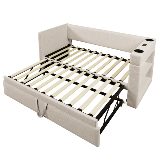 Daybett 90x190 cm - Sofá-cama individual com cama extraível, braços com portas USB e Type-C e porta-copos - Bege