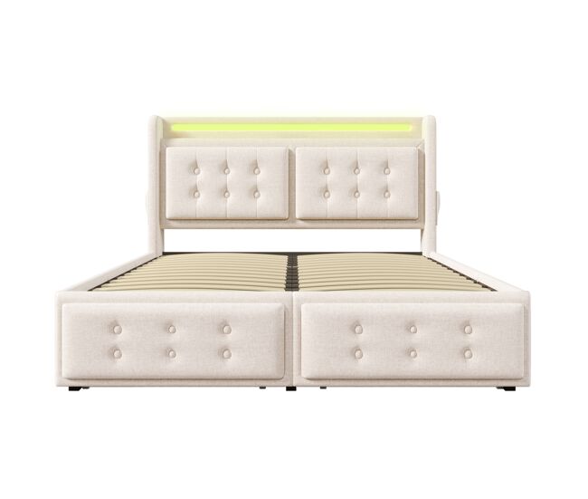 Cama tapizada 160x200 - cabecero led, carga usb c, 4 cajones, somier madera y metal, 300 kg - beige