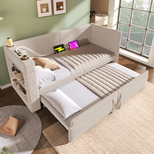 Sofá-cama 90x200 cm - Cama individual com função de cama extraível, apoios de braços com portas USB e Type-C, porta-copos, mistura de linho, bege