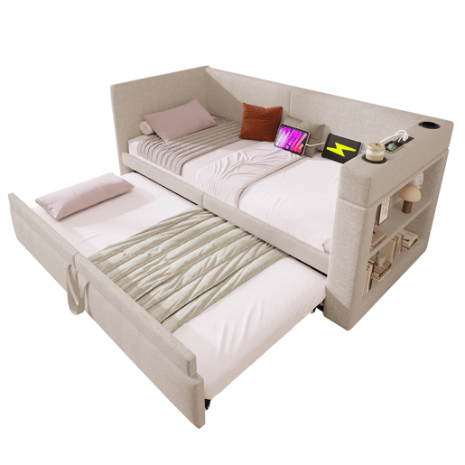 Sofá-cama 90x200 cm - Cama individual com função de cama extraível, apoios de braços com portas USB e Type-C, porta-copos, mistura de linho, bege