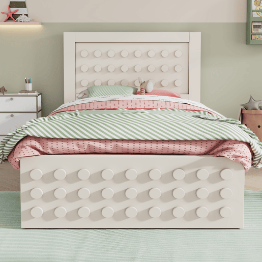 Cama individual 90x200 cm - Design criativo com blocos, estrutura em madeira maciça com estrado, com gavetas e arrumação debaixo da cama - Branco