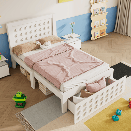 Cama individual 90x200 cm - Design criativo com blocos, estrutura em madeira maciça com estrado, com gavetas e arrumação debaixo da cama - Branco