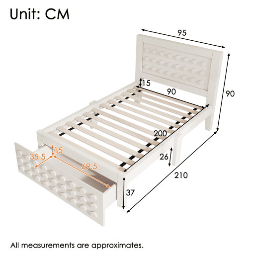 Cama individual 90x200 cm - Design criativo com blocos, estrutura em madeira maciça com estrado, com gavetas e arrumação debaixo da cama - Branco