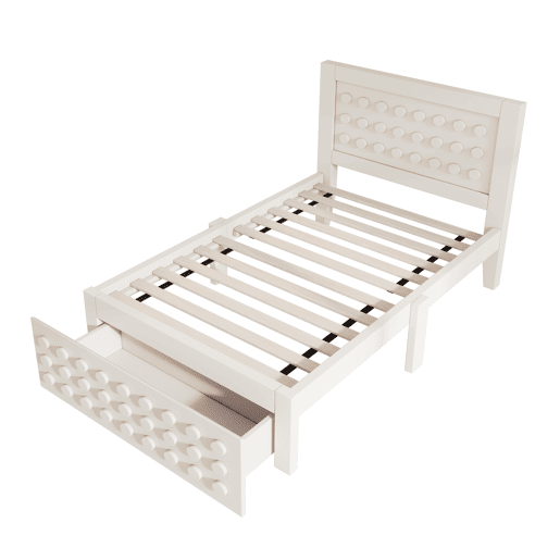 Cama individual 90x200 cm - Design criativo com blocos, estrutura em madeira maciça com estrado, com gavetas e arrumação debaixo da cama - Branco