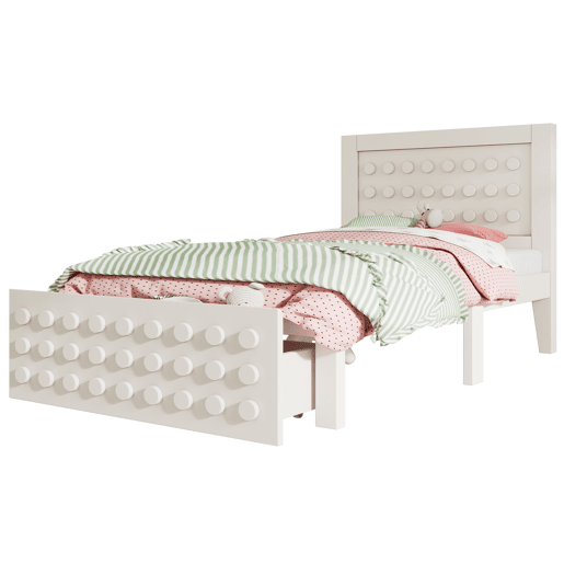 Cama individual 90x200 cm - Design criativo com blocos, estrutura em madeira maciça com estrado, com gavetas e arrumação debaixo da cama - Branco