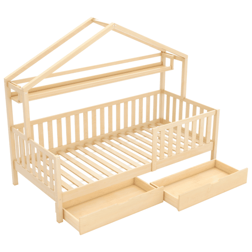 Cama infantil juvenil 90x200 - design em forma de casinha com gavetas e estrado em madeira maciça de pinho - Natural