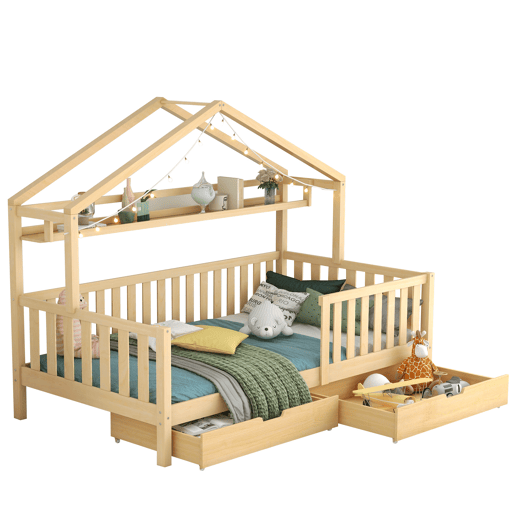 Cama infantil juvenil 90x200 - design em forma de casinha com gavetas e estrado em madeira maciça de pinho - Natural
