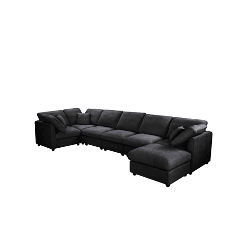 YHL Voyura 2213-BLACK Sofá multi-pessoa de chenille espuma travesseiros - Braços quadrados - Preto