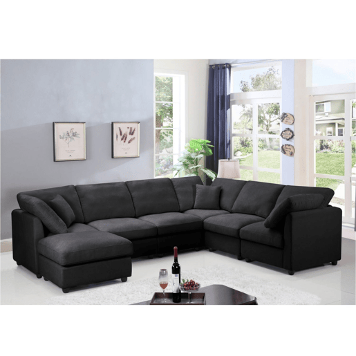 YHL Voyura 2213-BLACK Sofá multi-pessoa de chenille espuma travesseiros - Braços quadrados - Preto