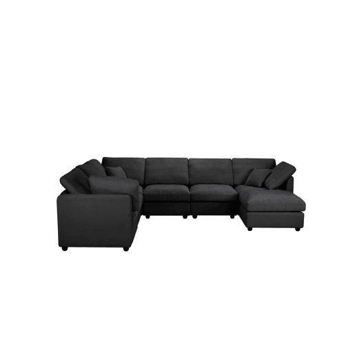 YHL Voyura 2213-BLACK Sofá multi-pessoa de chenille espuma travesseiros - Braços quadrados - Preto
