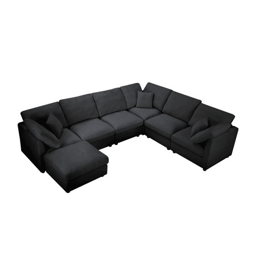 YHL Voyura 2213-BLACK Sofá multi-pessoa de chenille espuma travesseiros - Braços quadrados - Preto