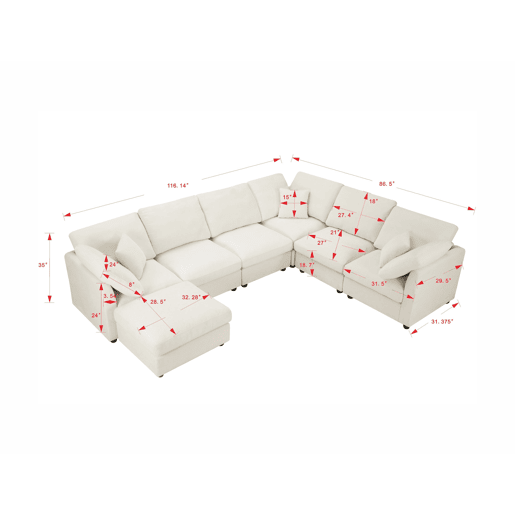 YHL Voyura 2213-BLACK Sofá multi-pessoa de chenille espuma travesseiros - Braços quadrados - Preto
