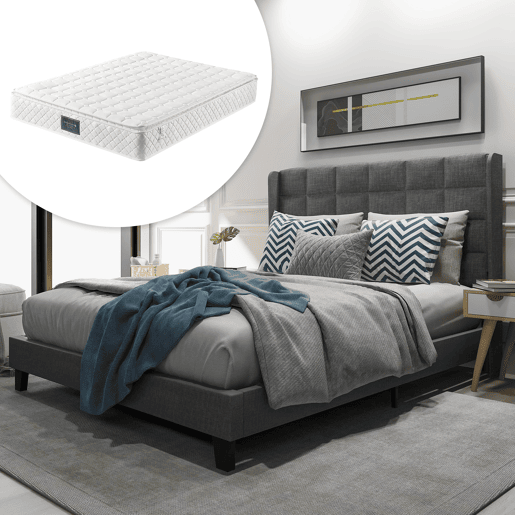 Cama Polsterbett 140x200cm - Com cabeceira acolchoada, com estrado - Cinza linho