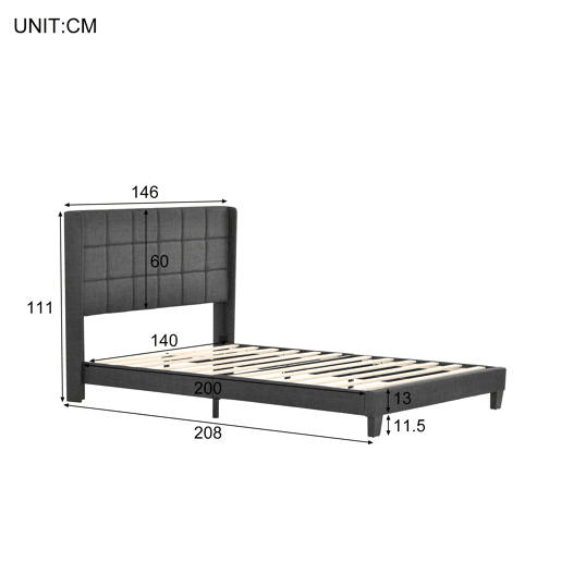 Cama Polsterbett 140x200cm - Com cabeceira acolchoada, com estrado - Cinza linho