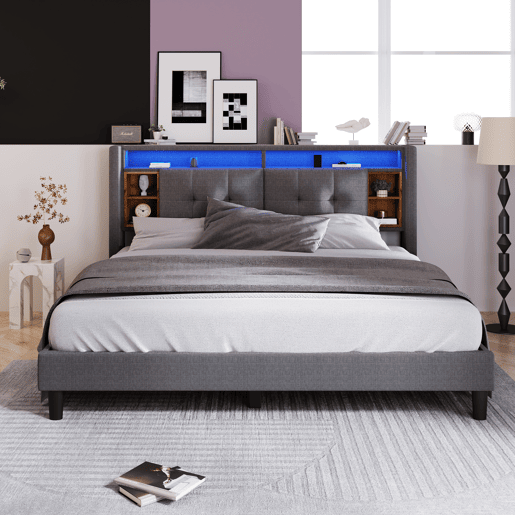 Cama de casal estofada 160x200 - cabeceira com arrumação, USB e luzes LED, estrutura em madeira - Cinza