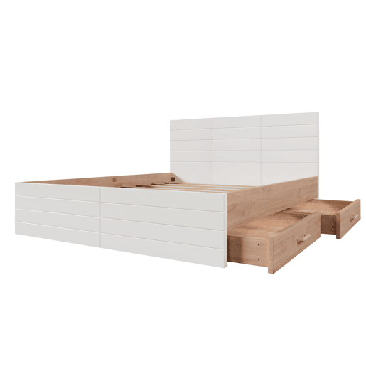 Cama de casal 160x200cm - Cama moderna com 2 gavetas, estrutura em madeira e estrado - CarvalhoBranco