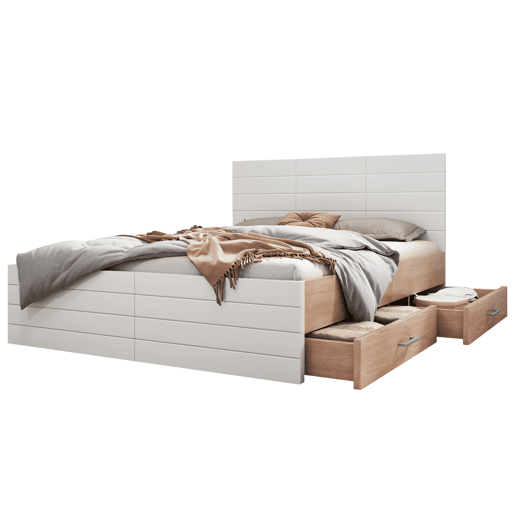 Cama de casal 160x200cm - Cama moderna com 2 gavetas, estrutura em madeira e estrado - CarvalhoBranco