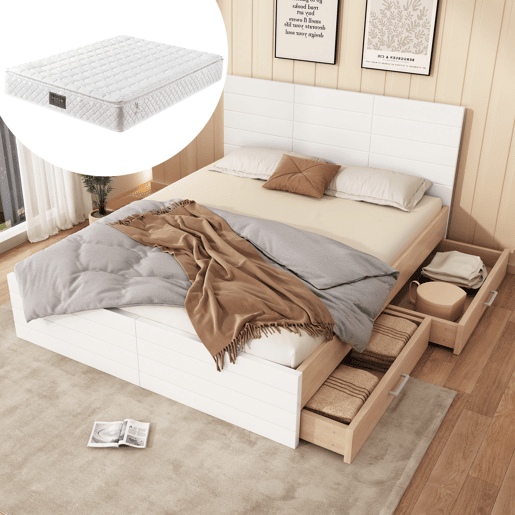 Cama de casal 140x200cm - Cama de madeira com 2 gavetas, estrutura com estrado, em EicheBranco (Com colchão)