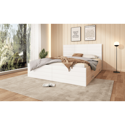 Cama de casal 140x200cm - Cama de madeira com 2 gavetas, estrutura com estrado, em EicheBranco (Com colchão)