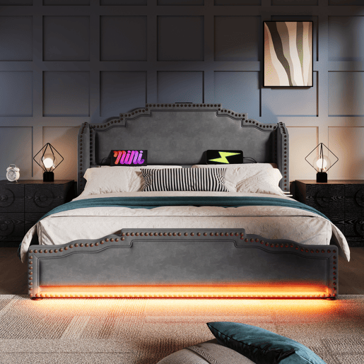 Cama Polsterbett 160x200 - Cama de casal com 4 gavetas, iluminação LED e porta de carregamento USB-C, cama com arrumação e juvenil com estrado, veludo, cinzento, com colchão