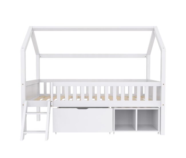 Cama infantil juvenil 200x90 con cajones y estantes con barandilla anticaída - blanco