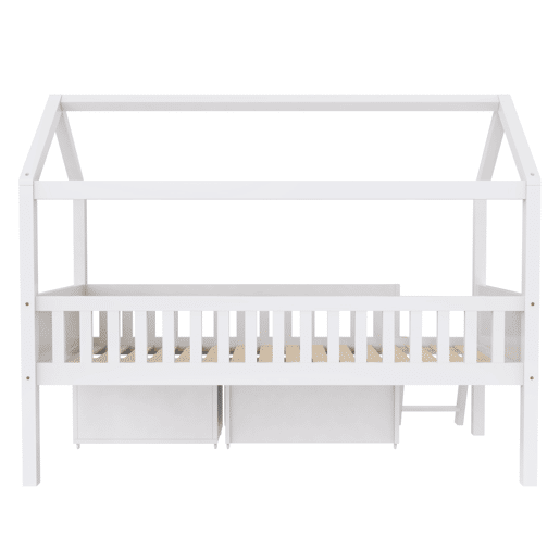 Cama infantil juvenil 200x90 com gavetas e prateleiras com grade de proteção contra quedas - Branco
