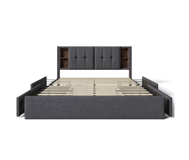 Cama doble 160x200cm - con carga inalámbrica usb c y 4 cajones - gris lino