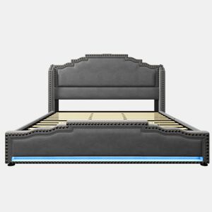 Cama Polsterbett 180×200 - Com 4 gavetas, iluminação LED e porta USB-C, cama juvenil com estrado, veludo - Cinza