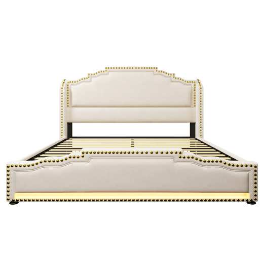 Cama Polsterbett 160x200 - Com 4 gavetas, iluminação LED e porta USB-C, cama com arrumação e estrado, veludo - Bege