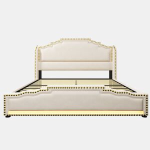 Cama Polsterbett 160x200 - Com 4 gavetas, iluminação LED e porta USB-C, cama com arrumação e estrado, veludo - Bege