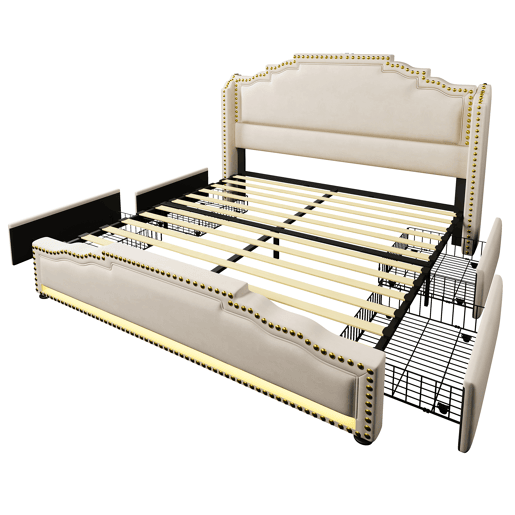 Cama Polsterbett 160x200 - Com 4 gavetas, iluminação LED e porta USB-C, cama com arrumação e estrado, veludo - Bege