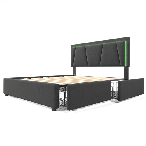 Cama estofada 140x200 cm - Com LED, 4 gavetas, cabeceira ajustável, estrado de madeira - Cinza
