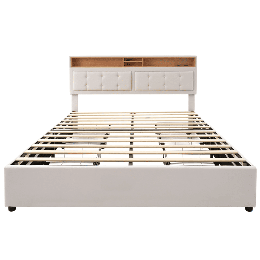 Cama estofada 140x200cm - Com 4 gavetas, tomada USB C, cabeceira ajustável, estrado de madeira (com colchão) - Bege
