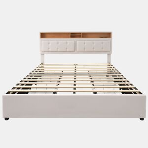 Cama estofada 140x200cm - Com 4 gavetas, tomada USB C, cabeceira ajustável, estrado de madeira (com colchão) - Bege