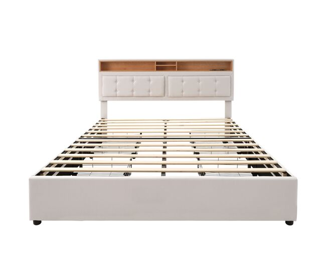 Cama tapizada 140x200cm - con 4 cajones, toma de corriente usb c, cabecero ajustable, somier de madera (con colchón) - beige