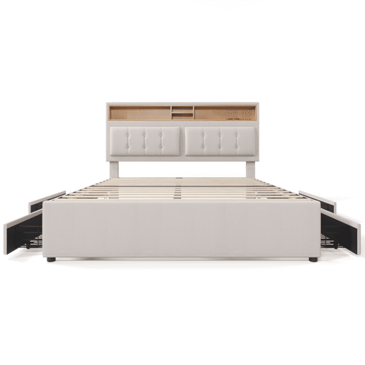 Cama estofada 140x200cm - Com 4 gavetas, tomada USB C, cabeceira ajustável, estrado de madeira (com colchão) - Bege