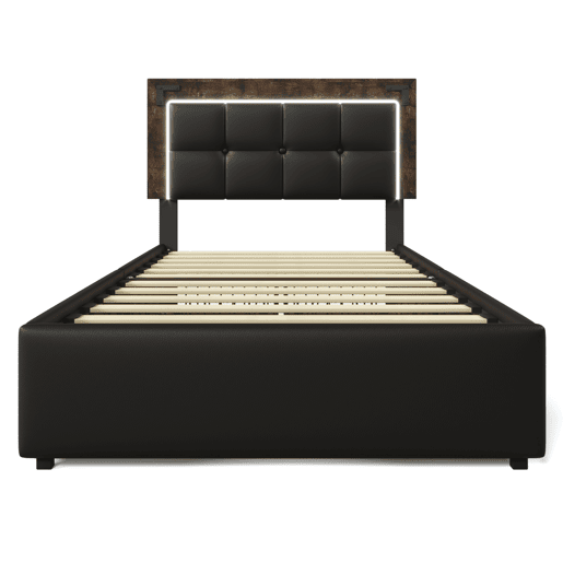 Cama estofada 90x200 - Com iluminação LED e 4 gavetas, cabeceira ajustável, cama funcional - PU Preto