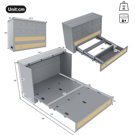 Cama rebatível 140x200 cm - móvel, gavetas na base, prateleira na cabeceira, USB e tomada, cama plataforma convertível, sem colchão - cinza