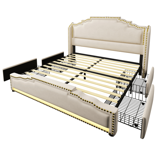 Cama de casal 160x200 - Cama com arrumação com 4 gavetas, iluminação LED e porta de carregamento USB-C, com estrado - Bege