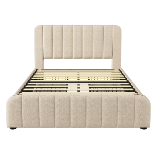 Cama de casal estofada 160x200 - cabeceira acolchoada com tiras douradas e carregador USB Tipo-C, 4 gavetas - Bege