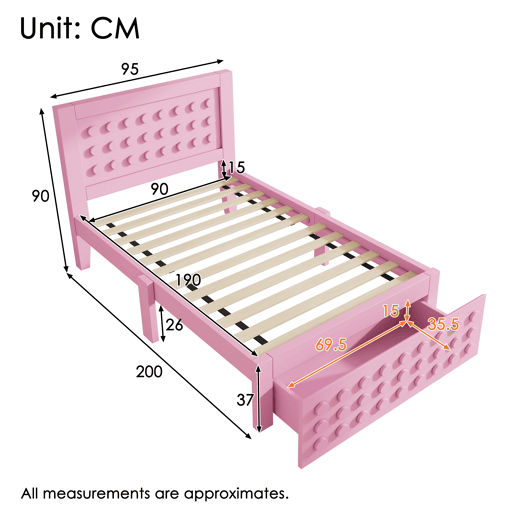 Cama de madeira 90x190 cm - Cama infantil juvenil com design em blocos, estrutura em madeira maciça com estrado, com gavetas e arrumação debaixo da cama - Rosa