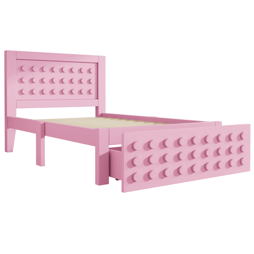Cama de madeira 90x190 cm - Cama infantil juvenil com design em blocos, estrutura em madeira maciça com estrado, com gavetas e arrumação debaixo da cama - Rosa