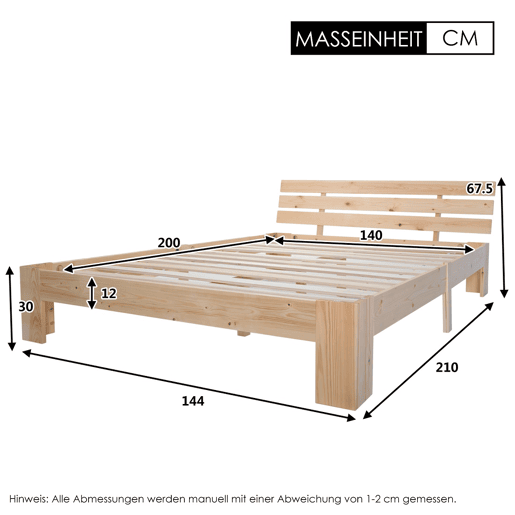 Cama de casal em madeira 200x140 cm - Cabeceira, estrutura da cama com estrado, madeira maciça, design em pinho