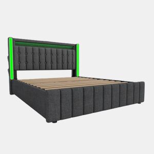 Cama estofada 160x200 cm - com USB, LED e 4 gavetas de arrumação - Cinza
